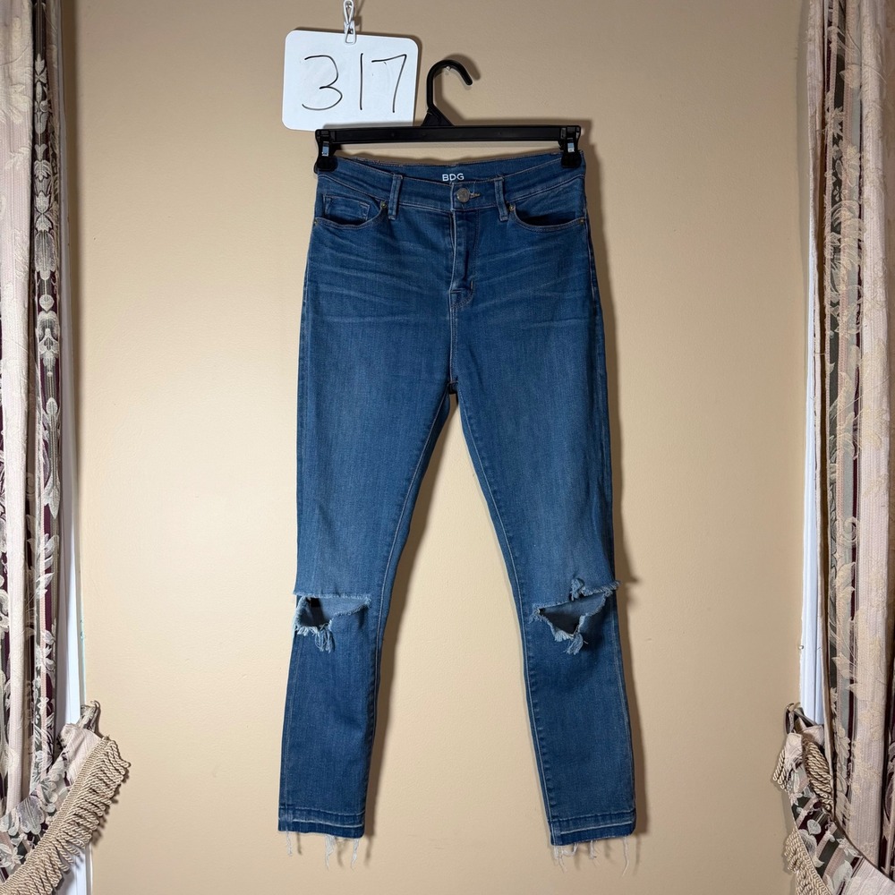 BDG High Rise Skinny Grazer Jeans 26W 26L Blue Distressed Knee Raw Hem Urban